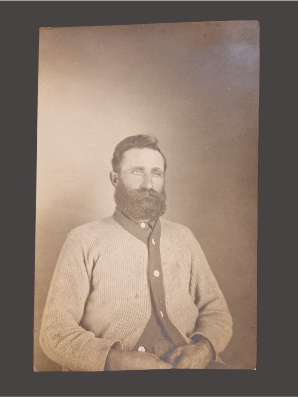 Antique Real Photo Postcard RPPC Bearded Man Cardigan Circa 1908 Sepia Bill Kate